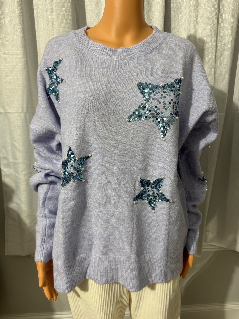 Cute Fantastic Fawn size S relaxed fit blue sweater sequin pearl stars new